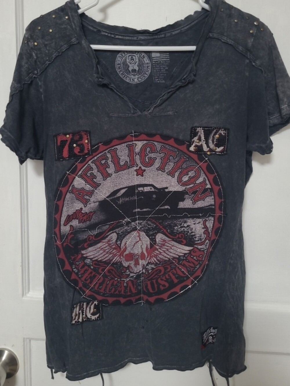 Affliction Women's Black Washed Car AMERICAN CUSTOMS skull Distressed XL